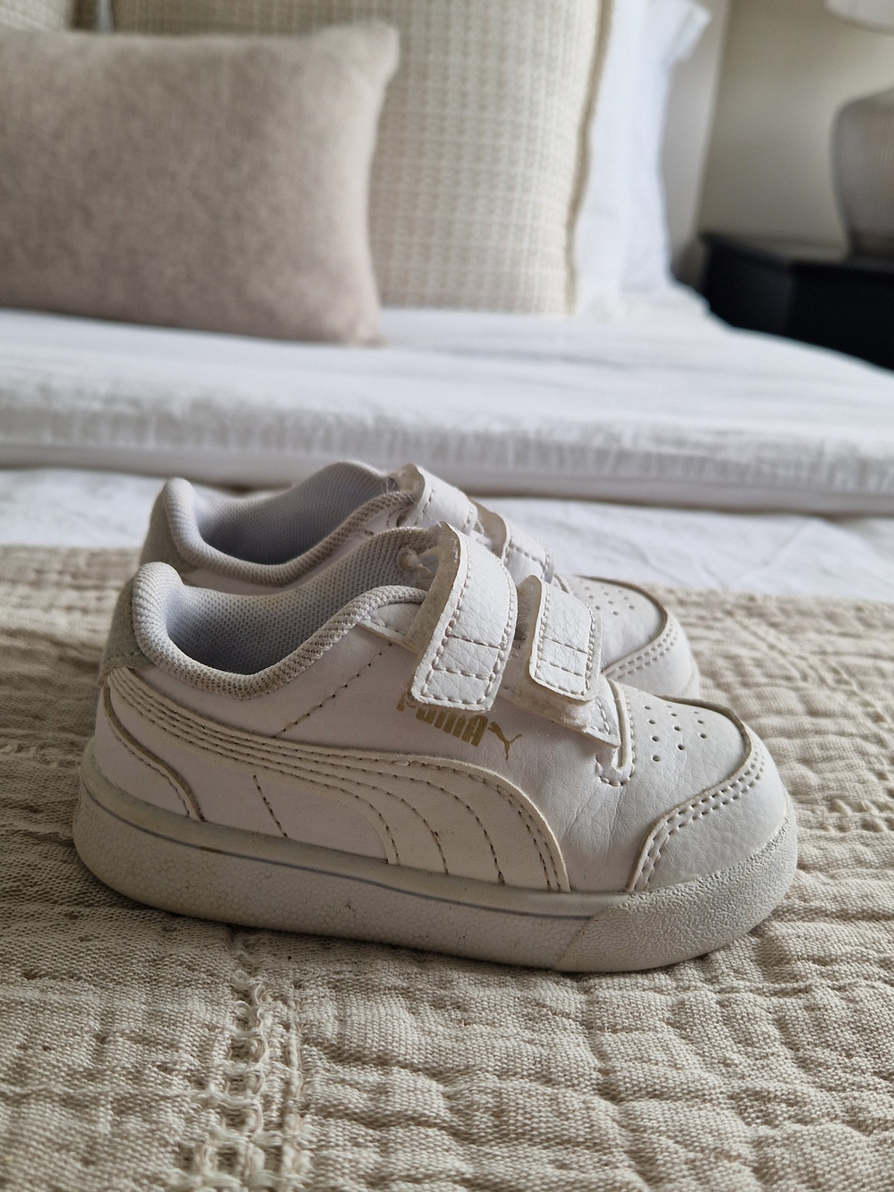 Puma Kids White Leather Velcro Sneakers with Gold Logo